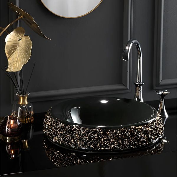  Chậu lavabo bán âm bàn cánh hoa hồng đen viền vàng Bouquet - 0405BGP 
