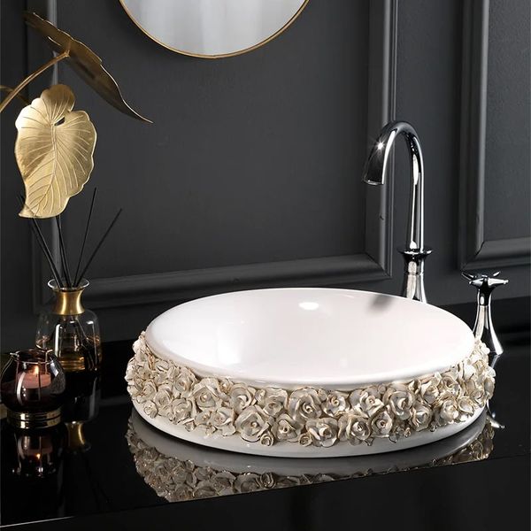  Chậu lavabo bán âm bàn cánh hoa hồng trắng viền vàng Bouquet - 0405WGP 