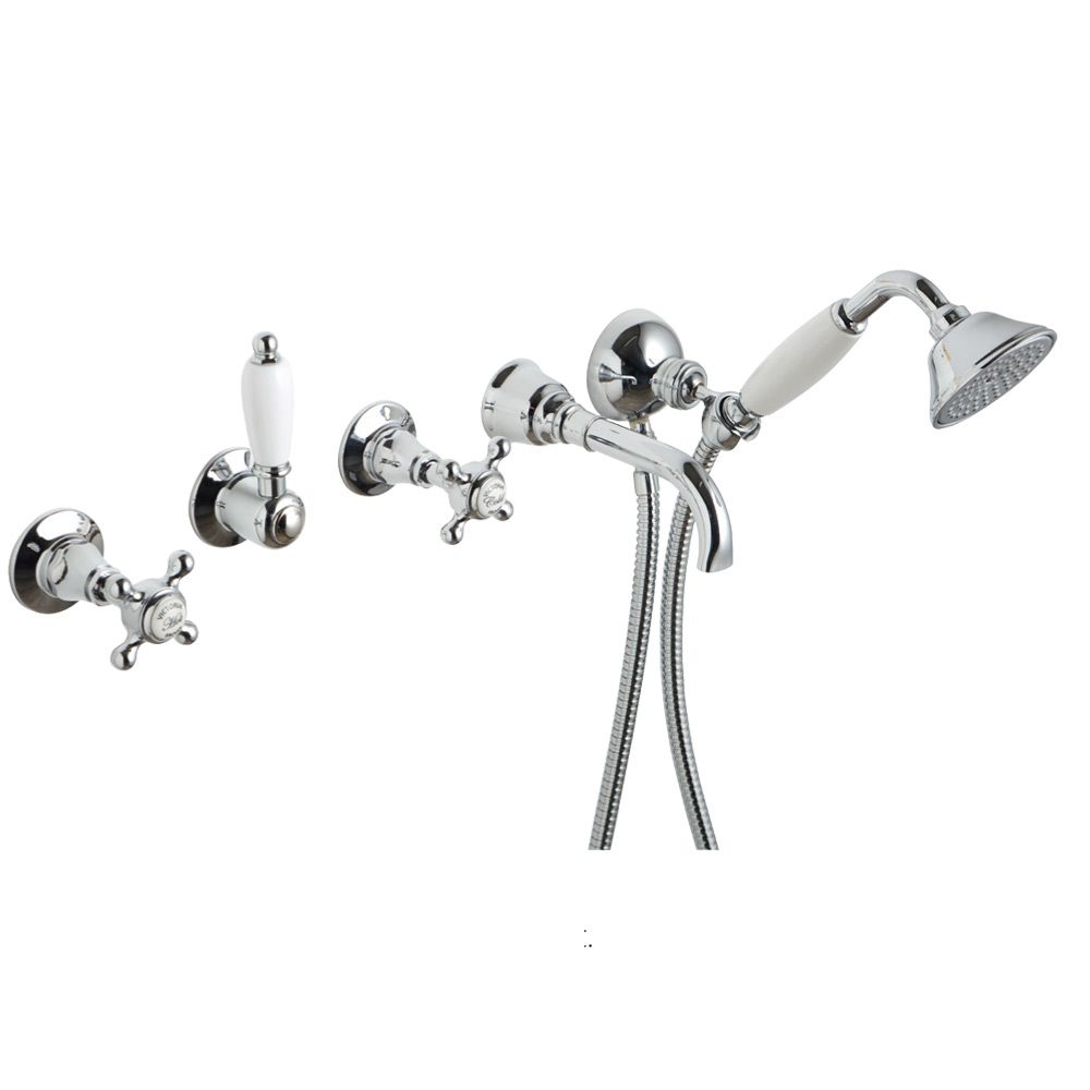  Vòi bồn tắm gắn tường 5 lỗ có sen cầm tay cổ điển bằng đồng Victoria - 060110 