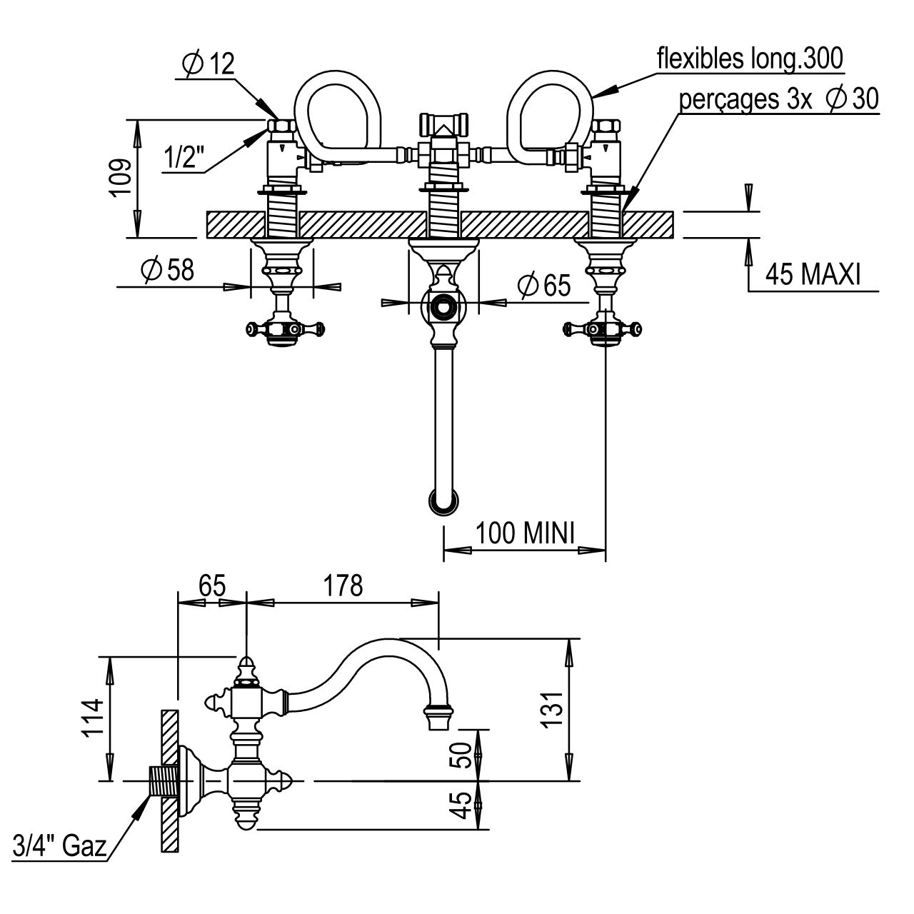 Vòi chậu rửa mặt gắn tường cổ điển bằng đồng Anthea - 06272 – NKX