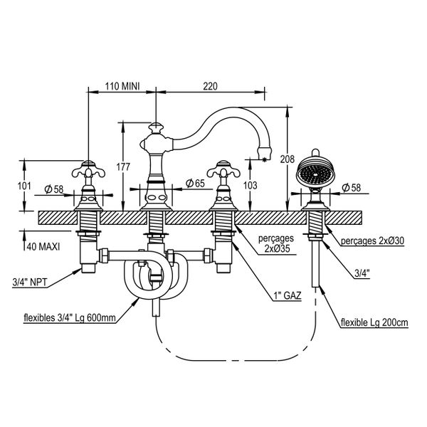  Vòi bồn tắm bốn lỗ cổ điển bằng đồng Montmartre - 07464 