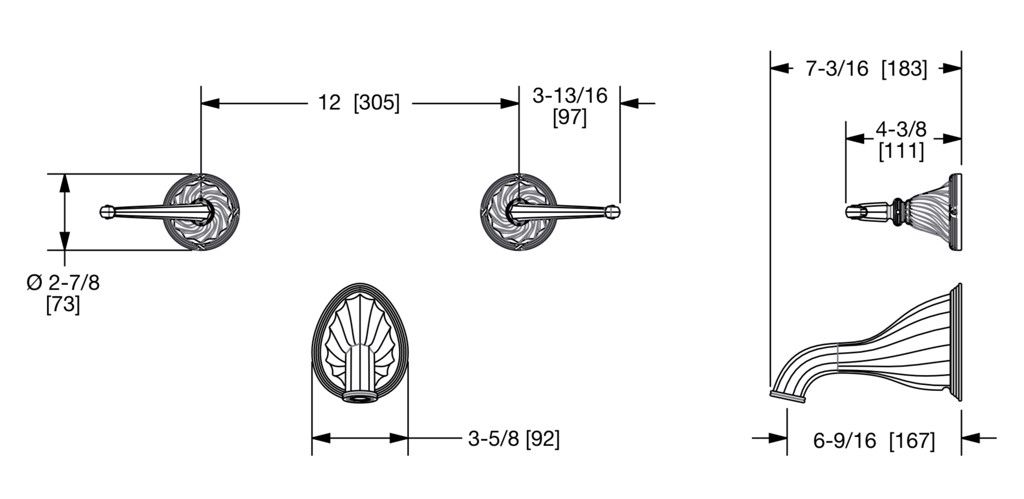  Vòi bồn tắm ba lỗ gắn tường cổ điển Ribbon & Reed bằng đồng - 0912TUB818 