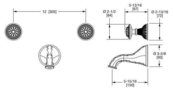  Vòi bồn tắm ba lỗ gắn tường cổ điển Acanthus bằng đồng - 0918TUB819 