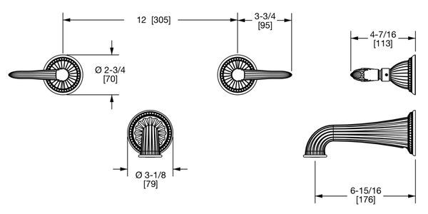  Vòi bồn tắm ba lỗ gắn tường cổ điển Classical bằng đồng - 0932TUB821 