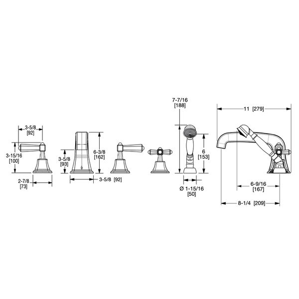  Vòi bồn tắm năm lỗ cổ điển Harrison bằng đồng - 0980DTS824S 