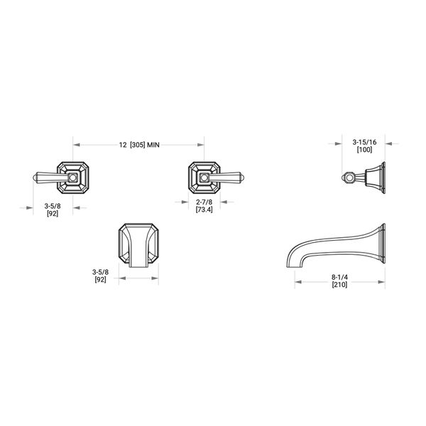  Vòi bồn tắm ba lỗ gắn tường cổ điển Harrison bằng đồng - 0980TUB824S 