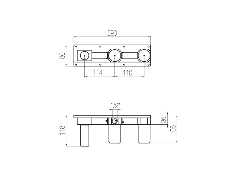  Vòi bồn tắm gắn tường 3 lỗ dài 190mm 2 đầu ra bằng stainless steel Dorin - DOR82 
