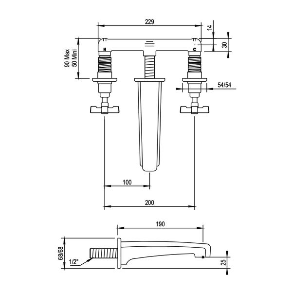  Vòi chậu lavabo 3 lỗ gắn tường cổ điển bằng đồng Zéphyr - 16263 