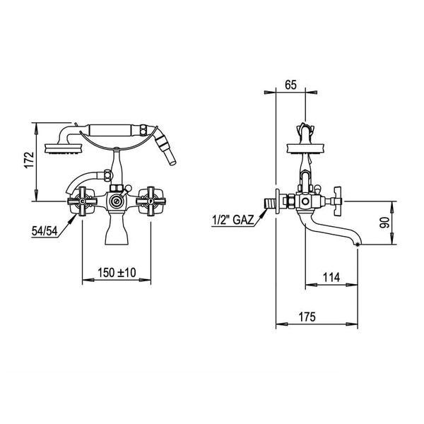  Vòi bồn tắm gắn tường có vòi sen cầm tay cổ điển bằng đồng Zéphyr - 17414 