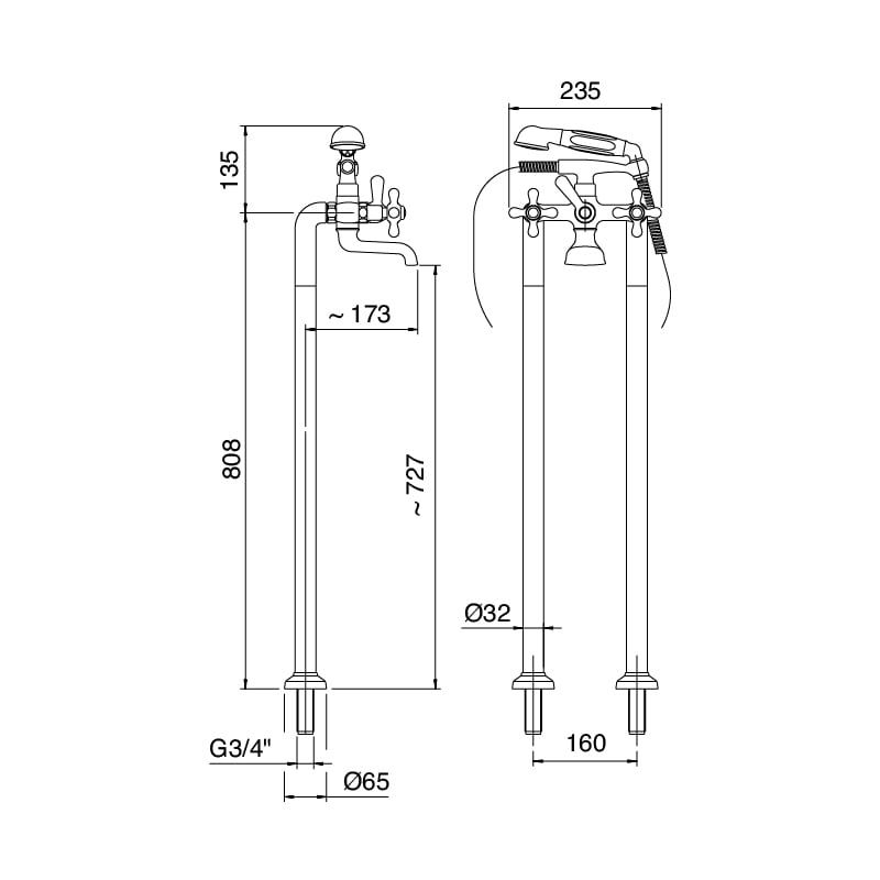  Vòi bồn tắm gắn sàn cổ điển 802 bằng đồng - 2002GVE110 