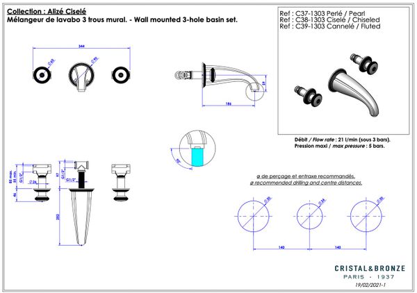  Vòi chậu rửa mặt gắn tường cổ điển Alizé Chiseled bằng đồng - 1303 