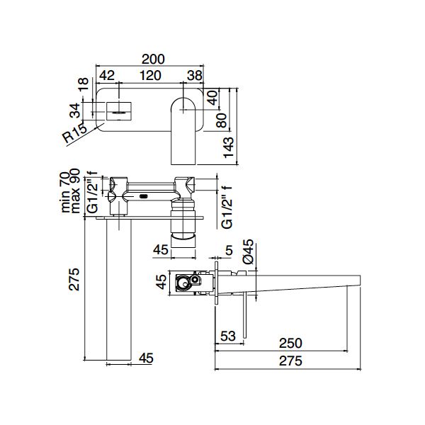  Vòi chậu rửa mặt gắn tường 275mm One Hundred bằng đồng - 3600MLI040 