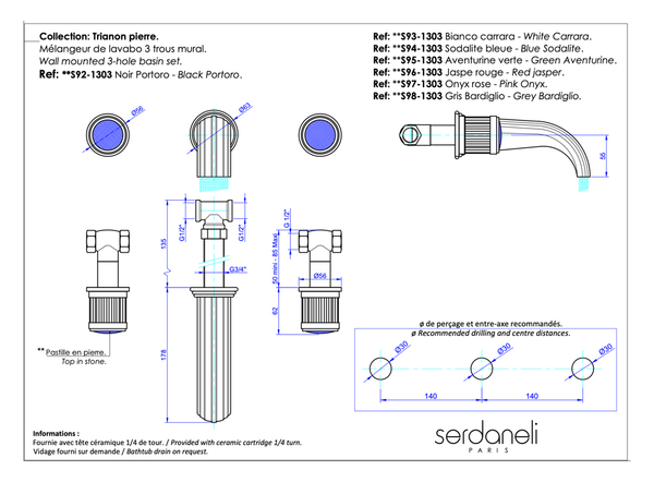  Vòi chậu rửa mặt gắn tường cổ điển bằng đồng Trianon Pierre Grey Bardiglio - 1303 