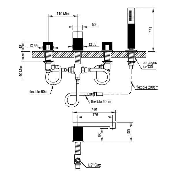  Vòi bồn tắm bốn lỗ bằng đồng Myriad - 55466 