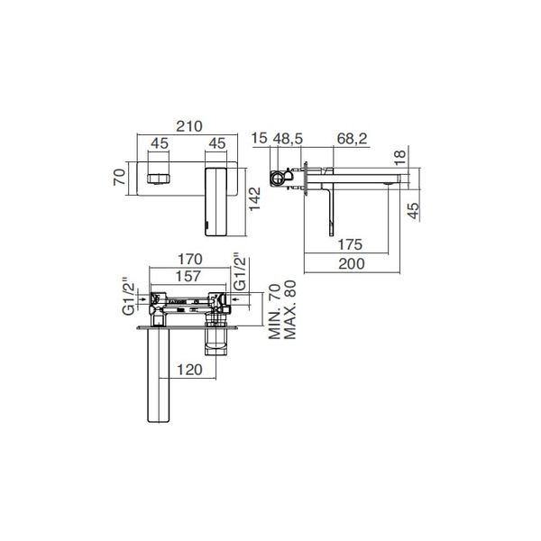  Vòi chậu rửa mặt gắn tường 200mm Qquadro bằng đồng - 5700MLI040 