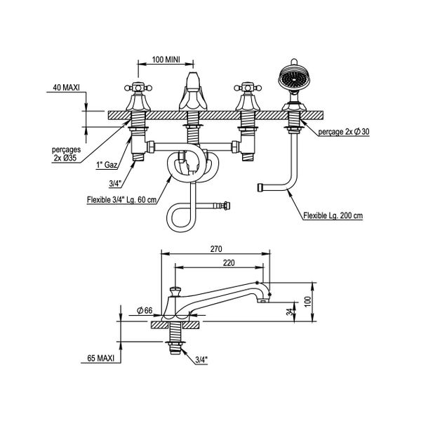  Vòi bồn tắm năm lỗ cổ điển bằng đồng Ascott - 65464 