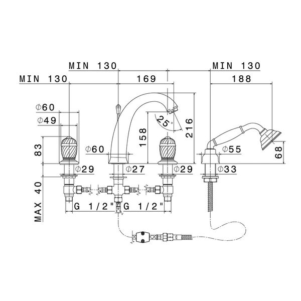  Vòi bồn tắm bốn lỗ cổ điển bằng đồng Deluxe - 68082C 