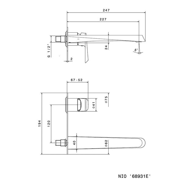  Vòi chậu rửa mặt hai lỗ gắn tường bằng đồng Nio - 68931E 