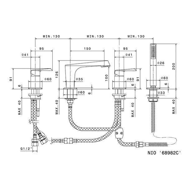  Vòi bồn tắm bốn lỗ bằng đồng Nio - 68982C 
