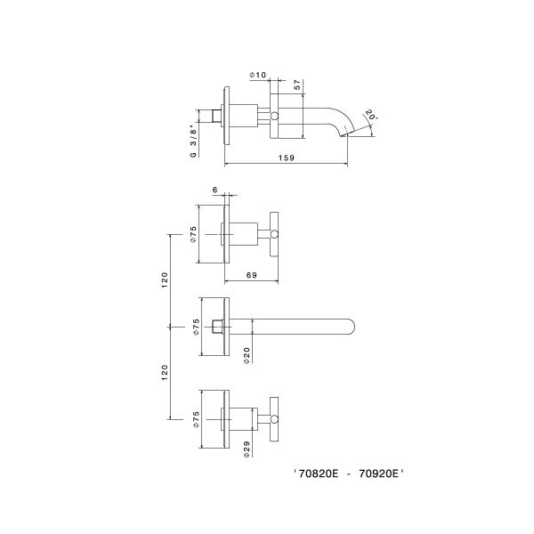  Vòi chậu rửa mặt ba lỗ gắn tường dài 159mm Blink - 70820E 