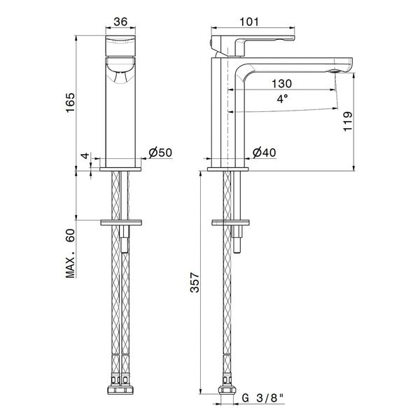  Vòi chậu rửa mặt bằng đồng cao 165mm Haka - 72012 