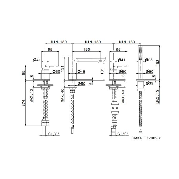  Vòi bồn tắm bốn lỗ bằng đồng Haka - 72082C 