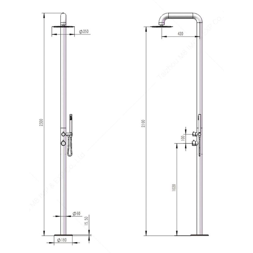  Sen cây ngoài trời bát sen ∅250mm có vòi sen cầm tay bằng stainless steel 316L - A1008MS 
