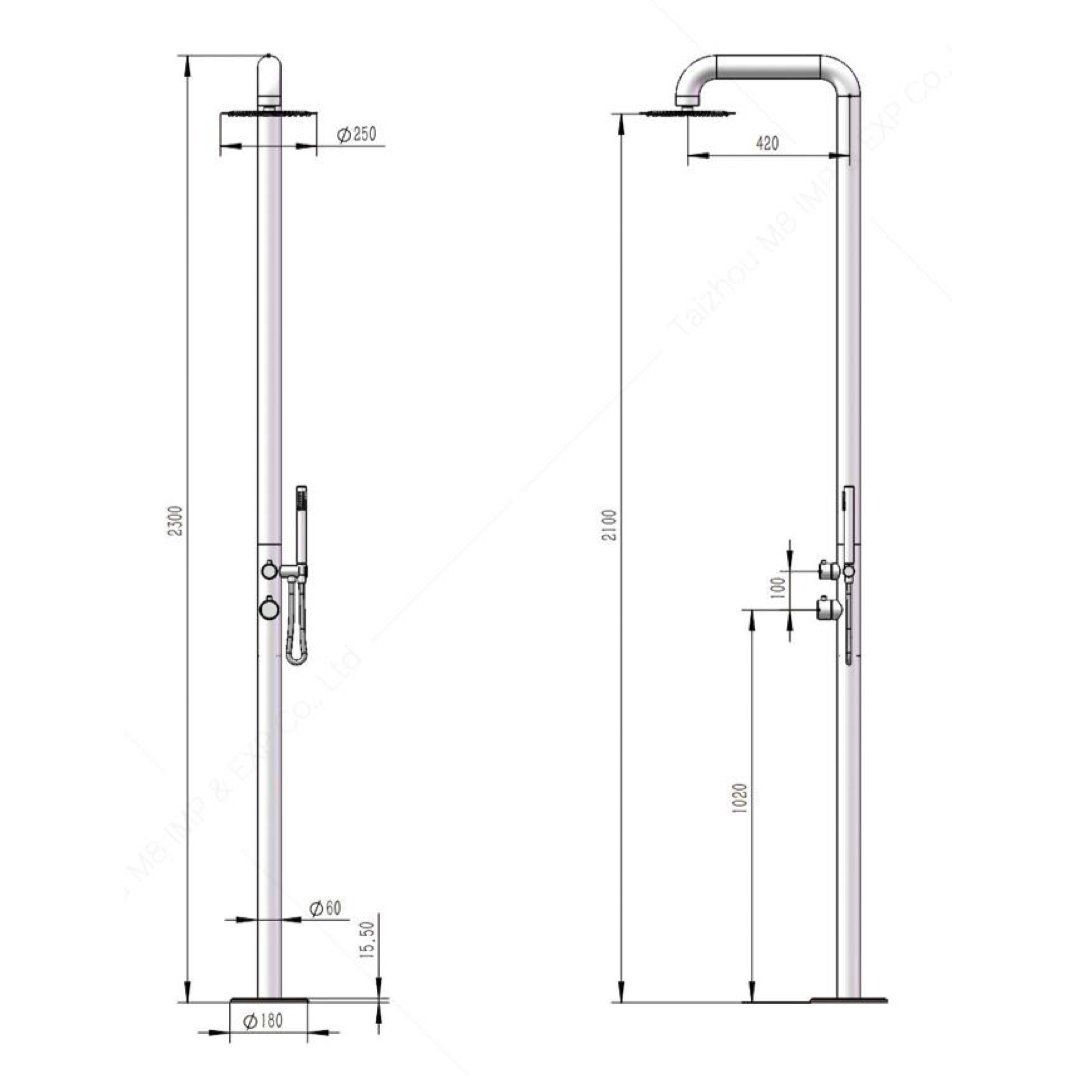  Sen cây ngoài trời bát sen ∅250mm có vòi sen cầm tay bằng stainless steel 316L - A1008MB 