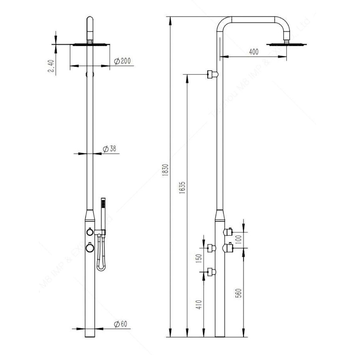  Sen cây ngoài trời gắn tường bát sen ∅200mm có vòi sen cầm tay bằng stainless steel 316L - A1009MS 