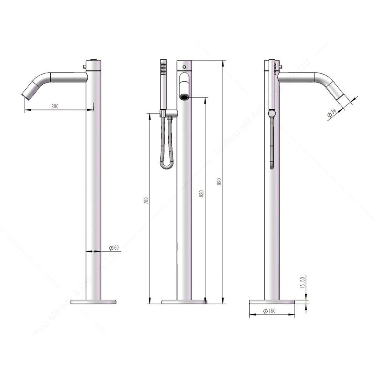  Vòi bồn tắm với sen cầm tay bằng stainless steel 316L - A1011-MS 