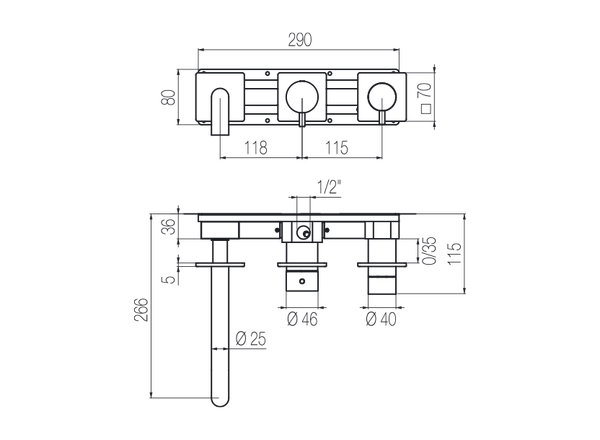  Vòi bồn tắm gắn tường 3 lỗ 3 đầu ra dài 190mm bằng stainless steel Aico - AIC88 