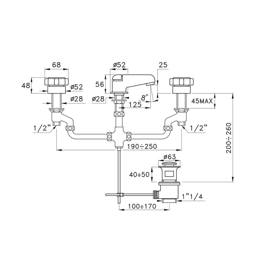  Vòi chậu lavabo 3 lỗ bằng đồng Aster - 3224 