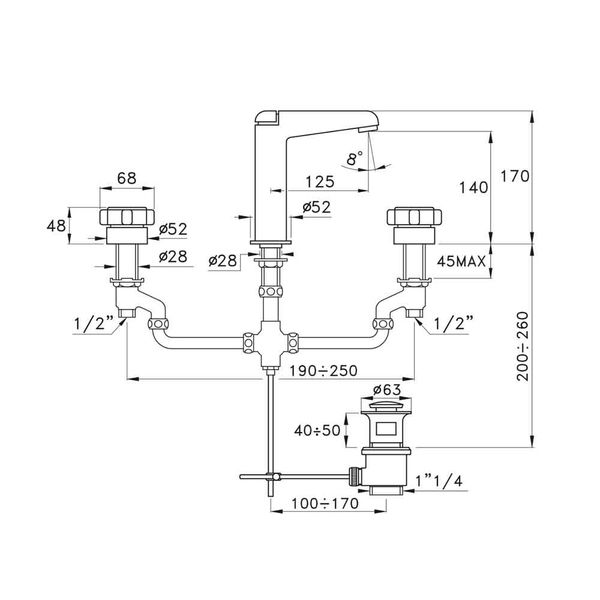  Vòi chậu lavabo 3 lỗ bằng đồng Aster - 3225 