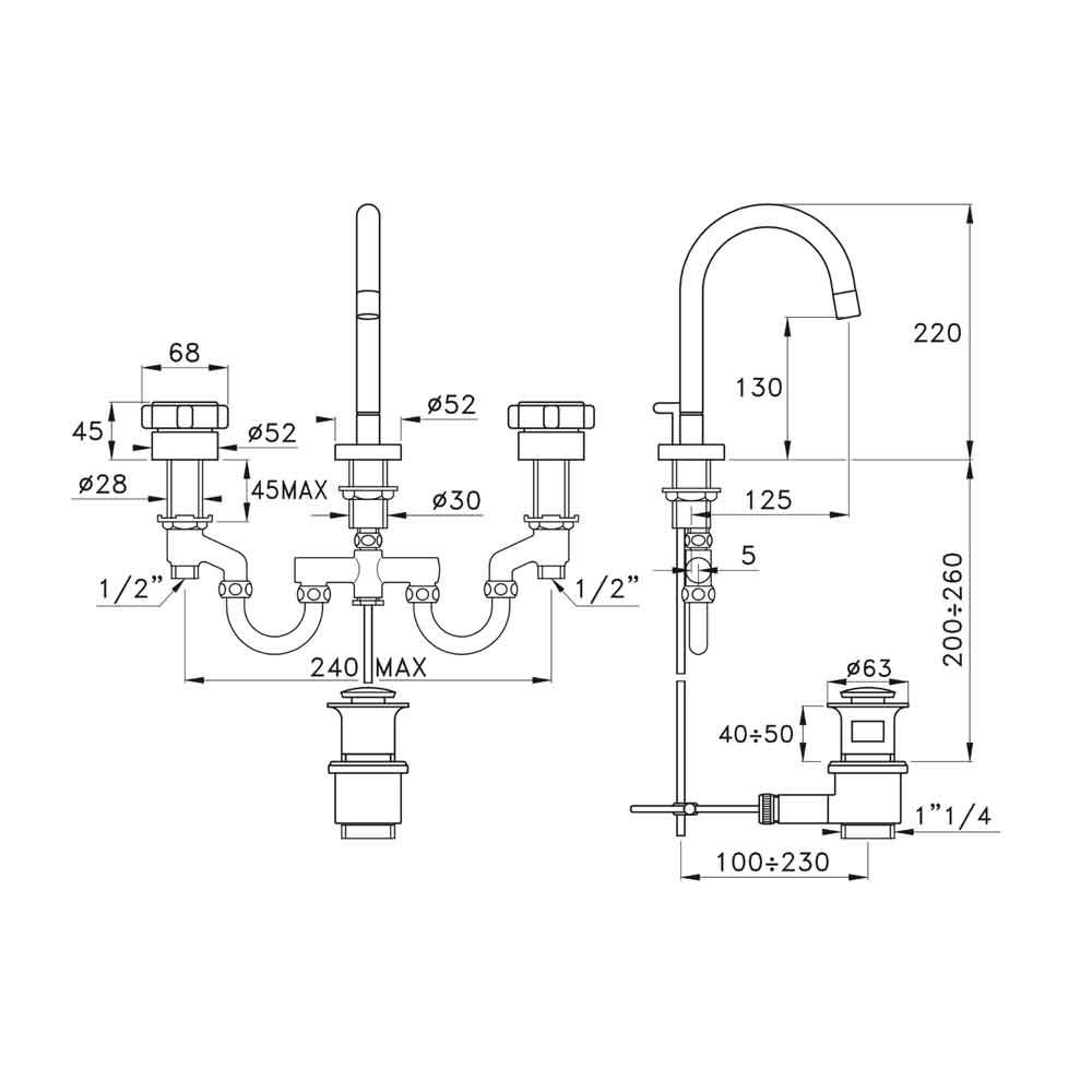  Vòi chậu lavabo 3 lỗ bằng đồng Aster - 3221 