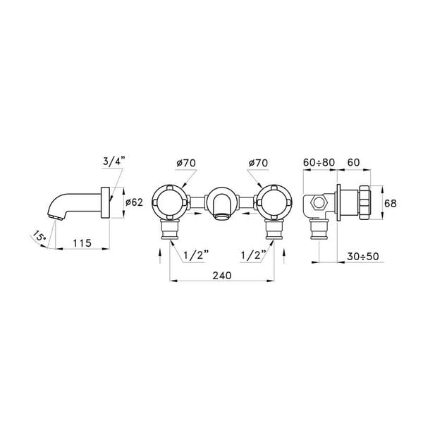  Vòi bồn tắm gắn tường dài 115mm bằng đồng Aster - 3251 