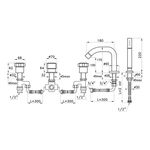  Vòi bồn tắm 5 lỗ có vòi sen cầm tay bằng đồng Aster - 3256TR-308 