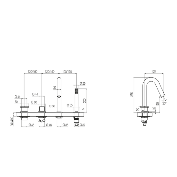  Vòi bồn tắm 4 lỗ có vòi sen cầm tay gắn thành dài 150mm bằng đồng bằng đồng Hugò - B4H2 