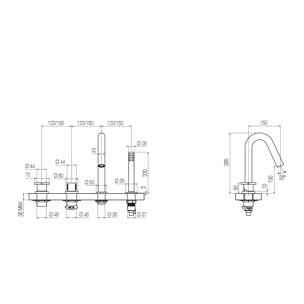  Vòi bồn tắm 4 lỗ có vòi sen cầm tay gắn thành dài 150mm bằng đồng bằng đồng Hugò - B4H2 