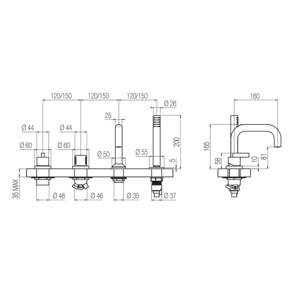  Vòi bồn tắm gắn thành 4 lỗ có vòi sen cầm tay bằng đồng Koè - B4K2 