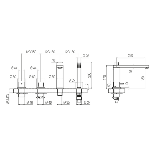  Vòi bồn tắm 4 lỗ với vòi sen cầm tay bằng đồng Macò - B4M2 