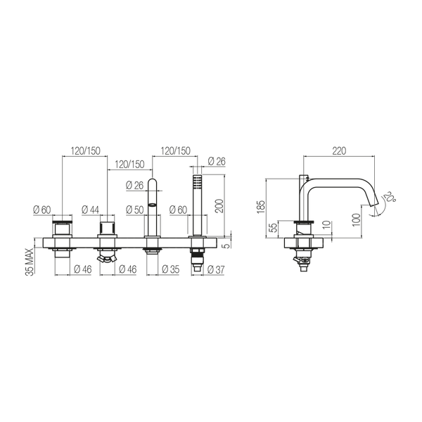  Vòi bồn tắm 4 lỗ gắn thành dài 220mm bằng đồng Tibò - B4O2 