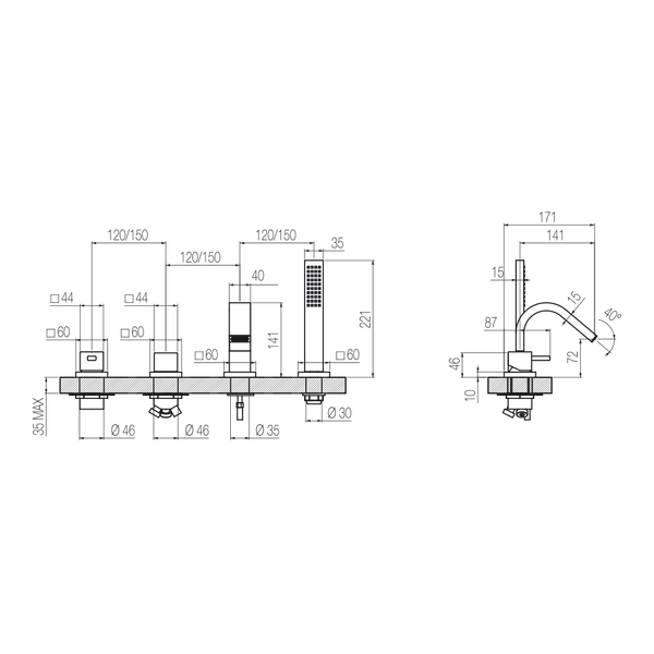  Vòi bồn tắm 4 lỗ có vòi sen cầm tay bằng đồng Hito Cinquantuno - B4Q 