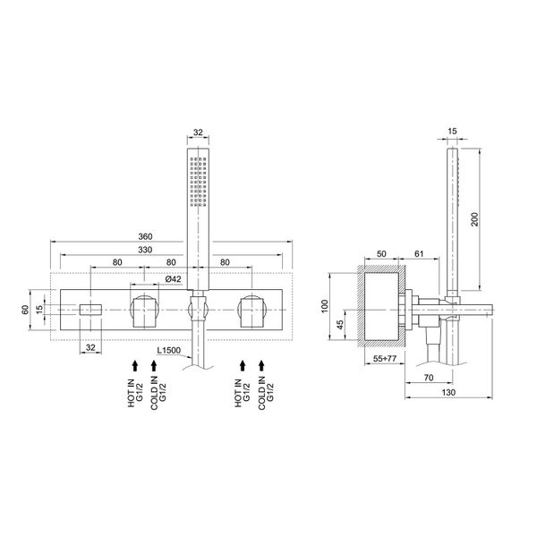  Vòi bồn tắm bốn lỗ gắn tường bằng đồng Boy - BOY2543BU 