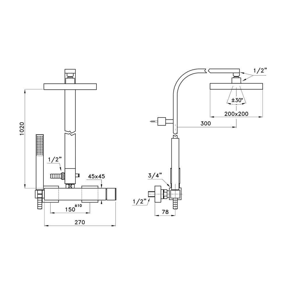  Sen cây bát sen 200mm có sen cầm tay bằng đồng Bamboo Quadro - 3283-420-306-200 