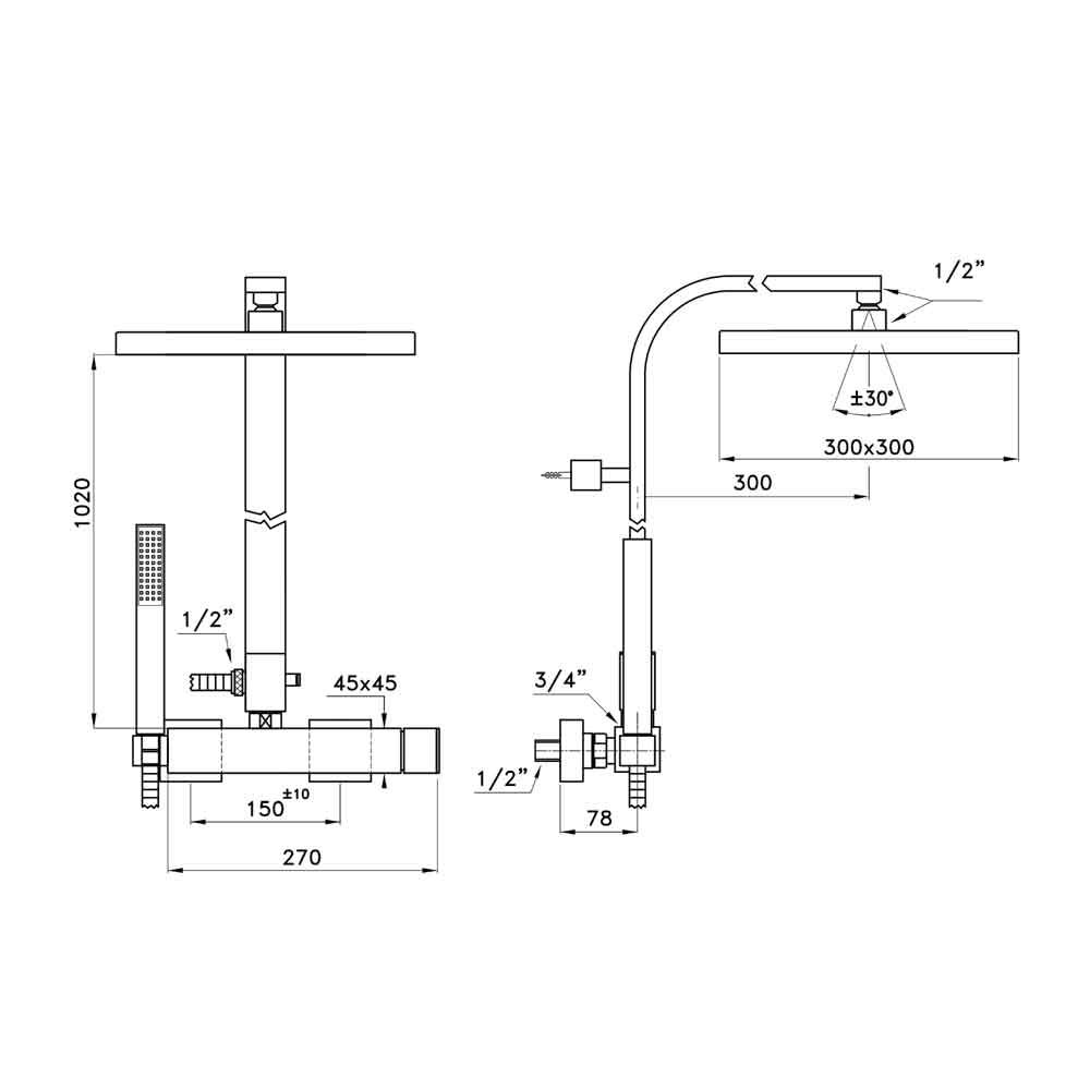  Sen cây bát sen 300mm có sen cầm tay bằng đồng Bamboo Quadro - 3283-420-306-300 