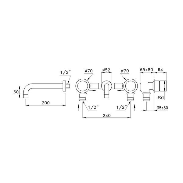  Vòi chậu lavabo gắn tường bằng đồng Bamboo - 3861 