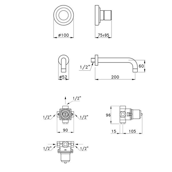  Vòi chậu lavabo gắn tường bằng đồng Bamboo - 3861MC 