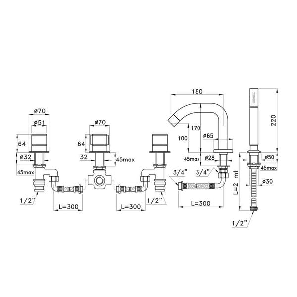  Vòi bồn tắm 5 lỗ có sen cầm tay bằng đồng Bamboo - 3256TR308 