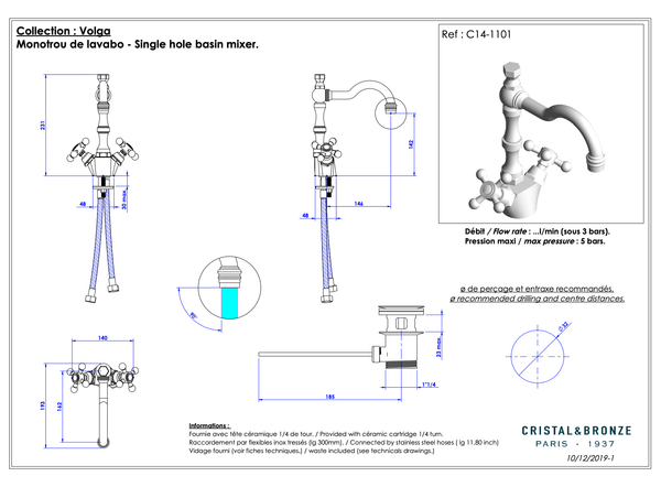  Vòi chậu rửa mặt cổ điển Volga bằng đồng - 1101 