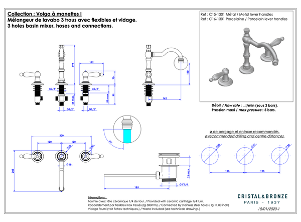  Vòi bồn tắm cổ điển Volga Porcelain bằng đồng - 3301 